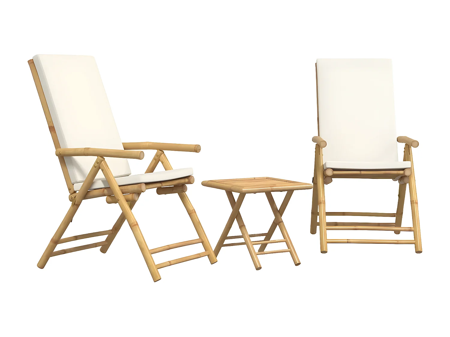 Ensemble de bistro pliante 3 pcs et coussins blanc crème bambou