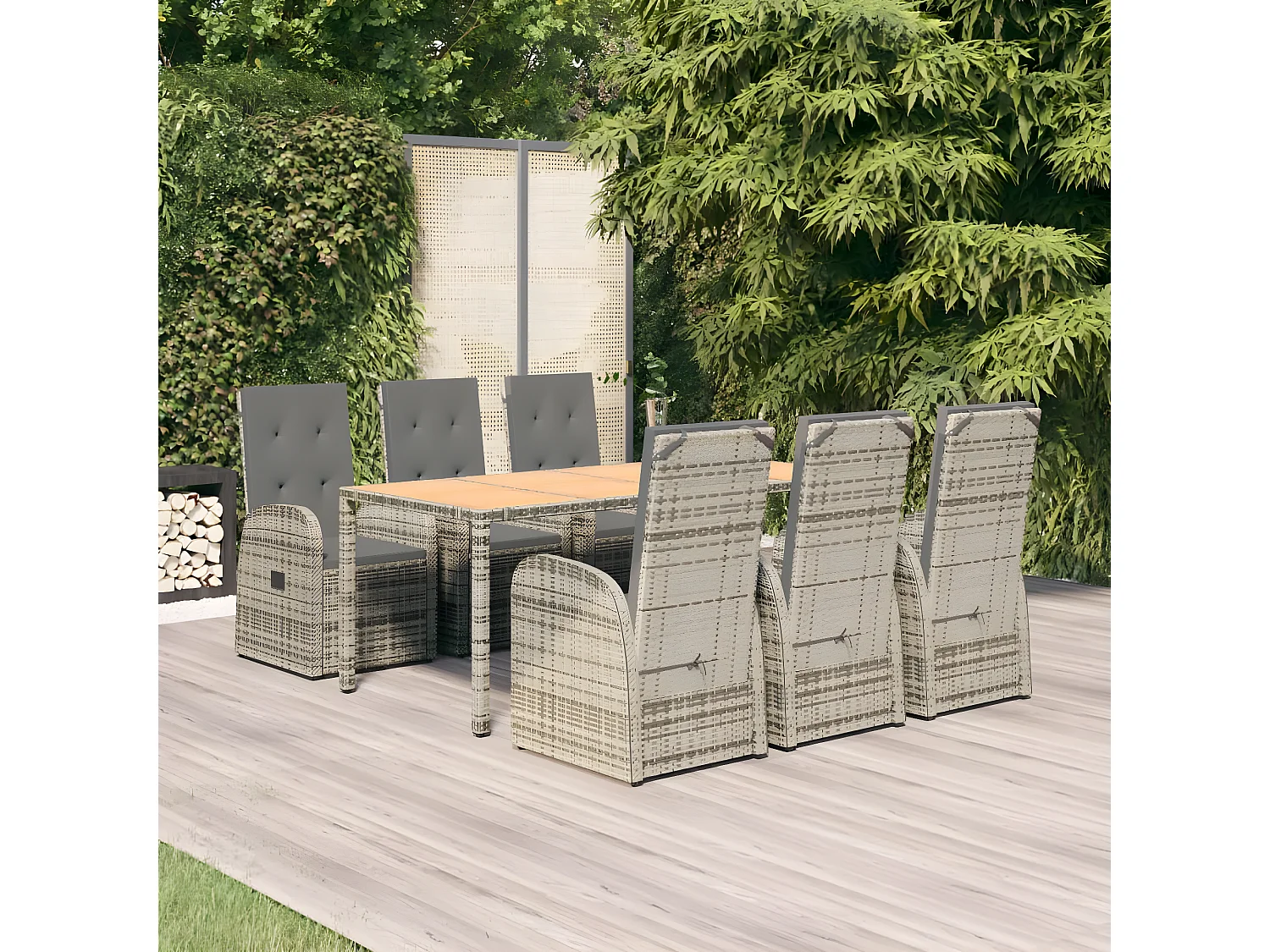 Ensemble à manger de jardin et coussins 7 pcs gris rotin