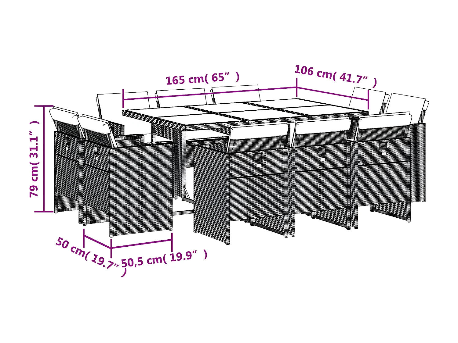 Ensemble à manger de jardin et coussins 11 pcs beige poly rotin