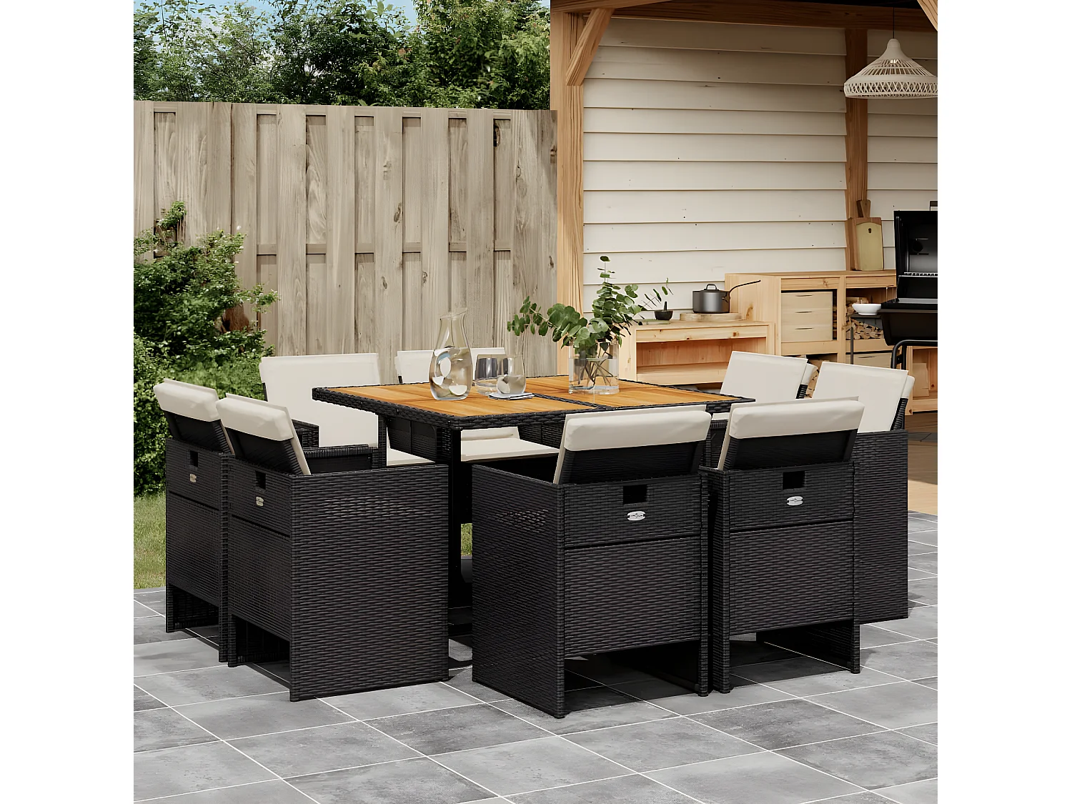 Ensemble à manger de jardin 9pcs coussins noir résine tressée