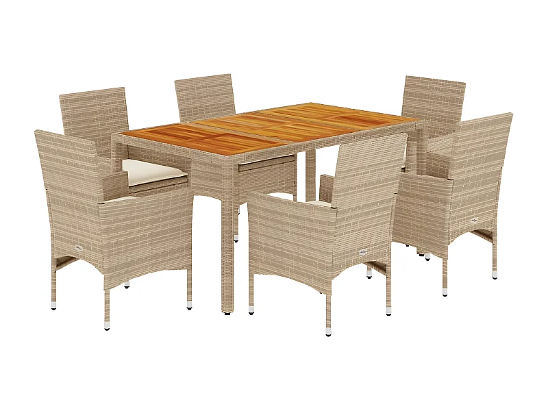 Ensemble à manger de jardin et coussins 7pcs beige rotin acacia