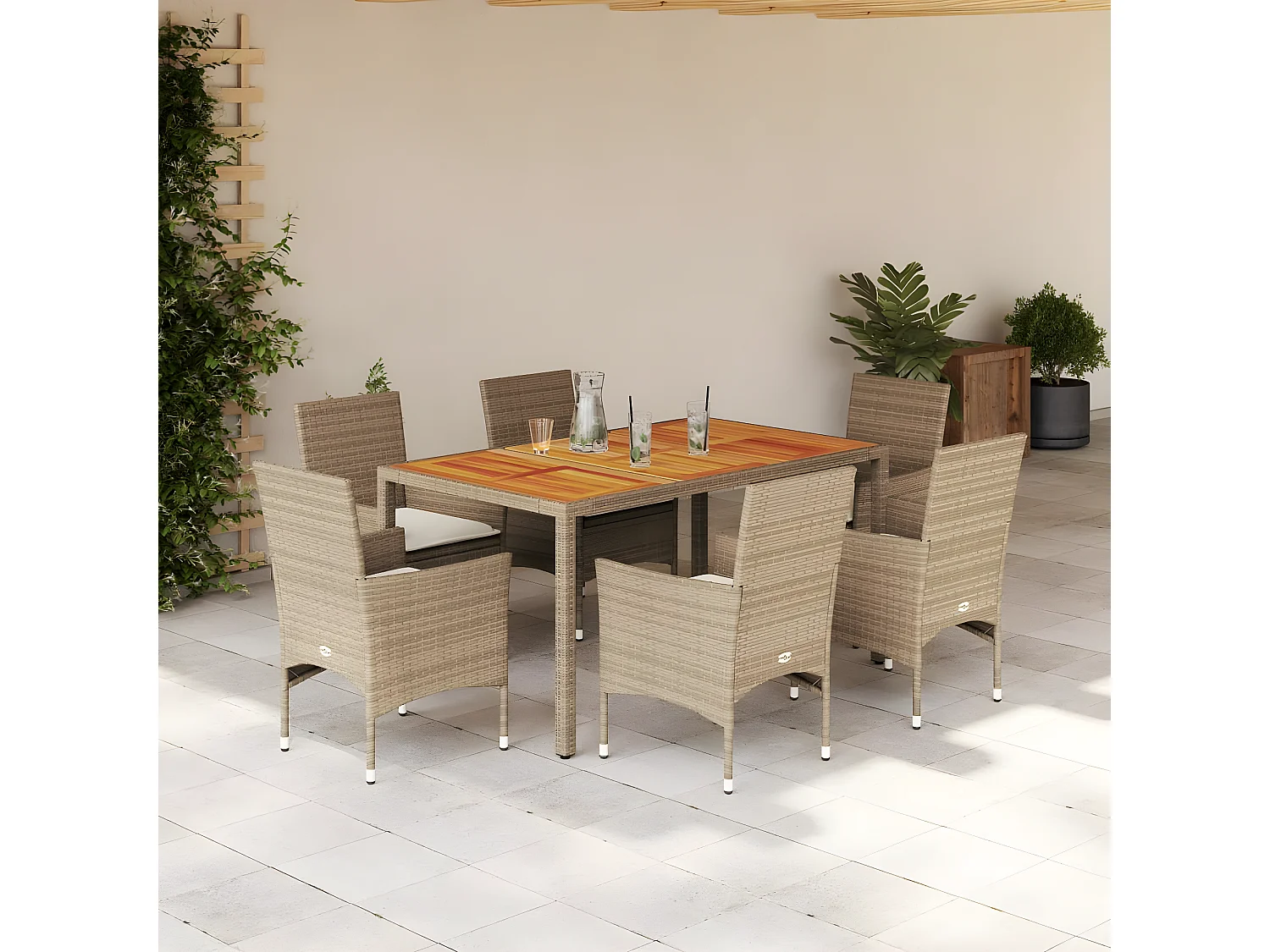 Ensemble à manger de jardin et coussins 7pcs beige rotin acacia