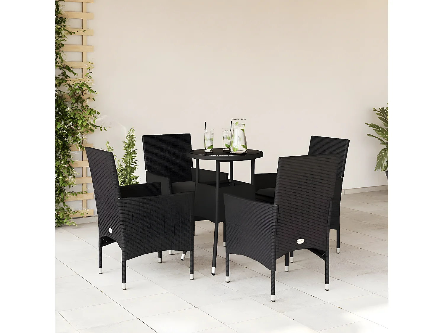 Ensemble à manger de jardin et coussins 5 pcs noir rotin verre
