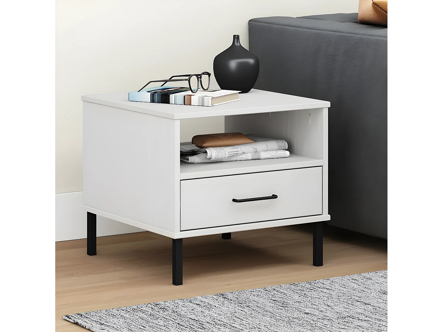 Table de chevet avec pieds en métal Blanc Bois pin massif OSLO