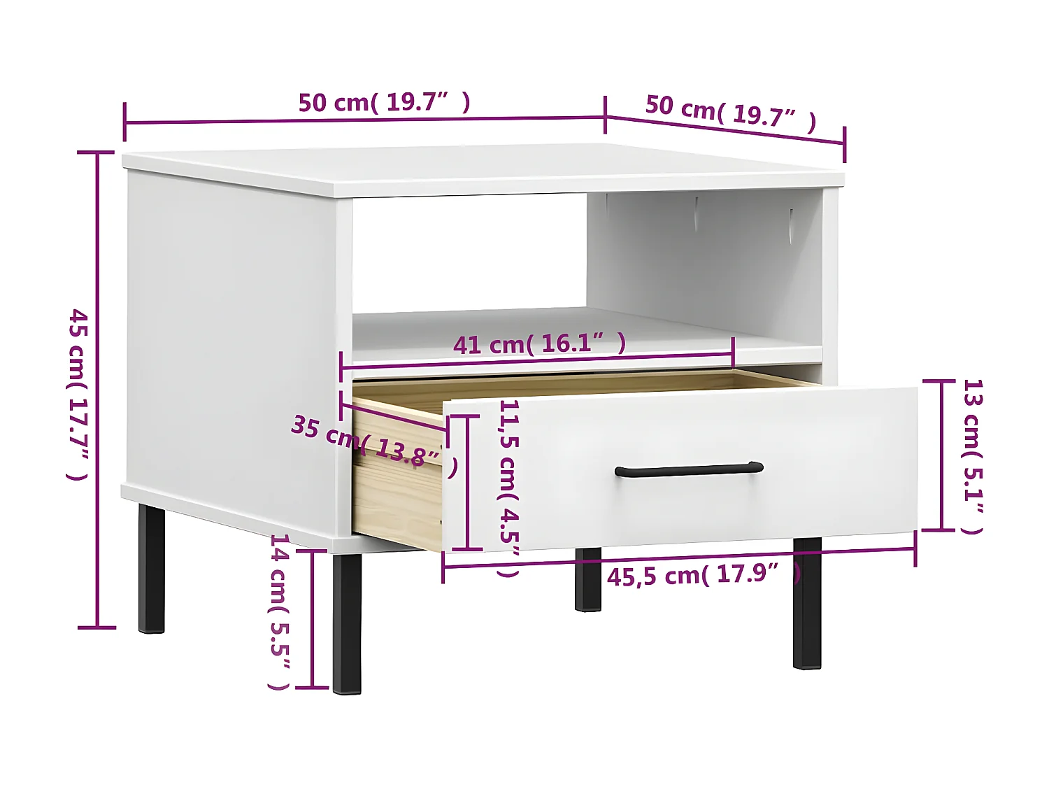Table de chevet avec pieds en métal Blanc Bois pin massif OSLO
