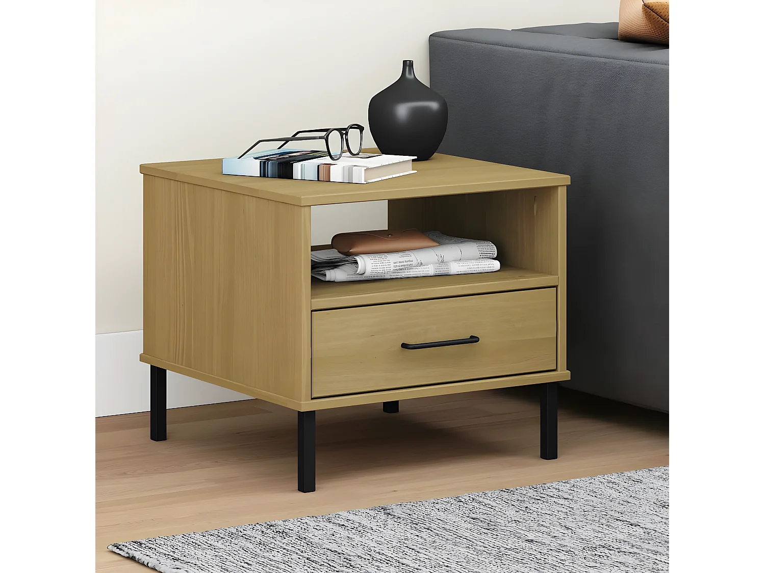 Table de chevet avec pieds en métal Marron Bois pin massif OSLO