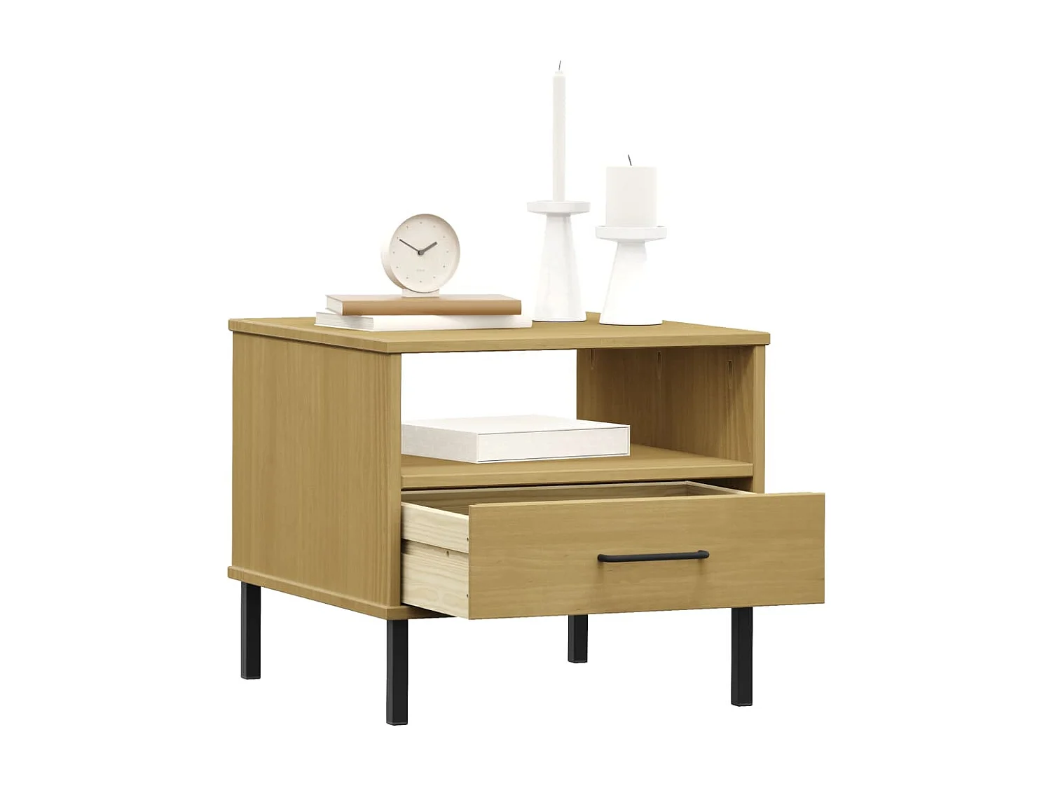 Table de chevet avec pieds en métal Marron Bois pin massif OSLO