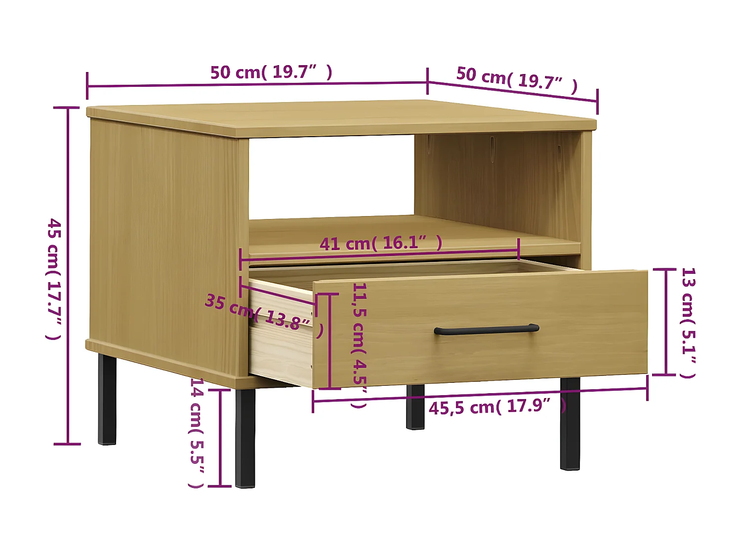 Table de chevet avec pieds en métal Marron Bois pin massif OSLO