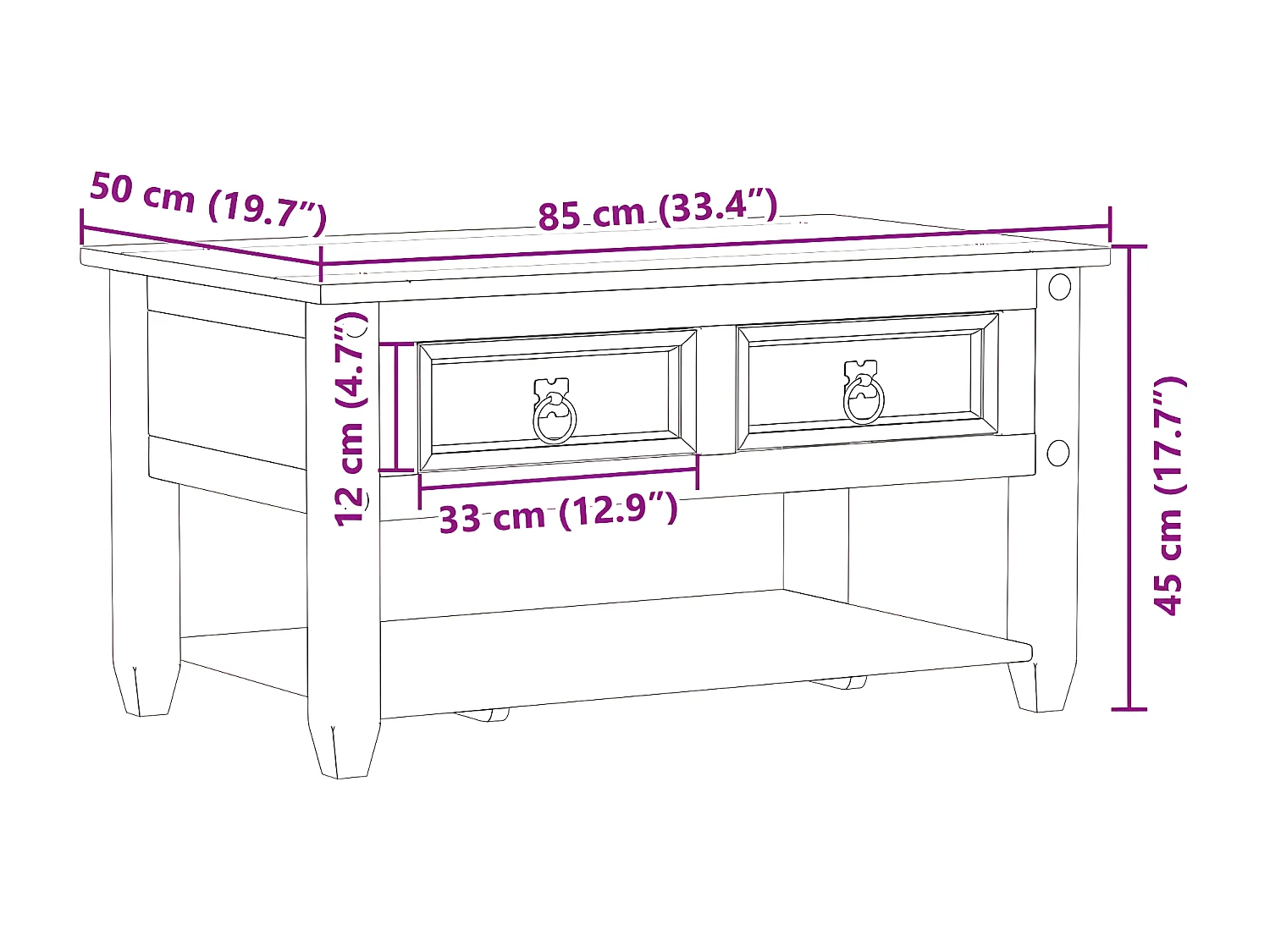 Table basse avec tiroirs Corona 85x50x45 bois de pin massif