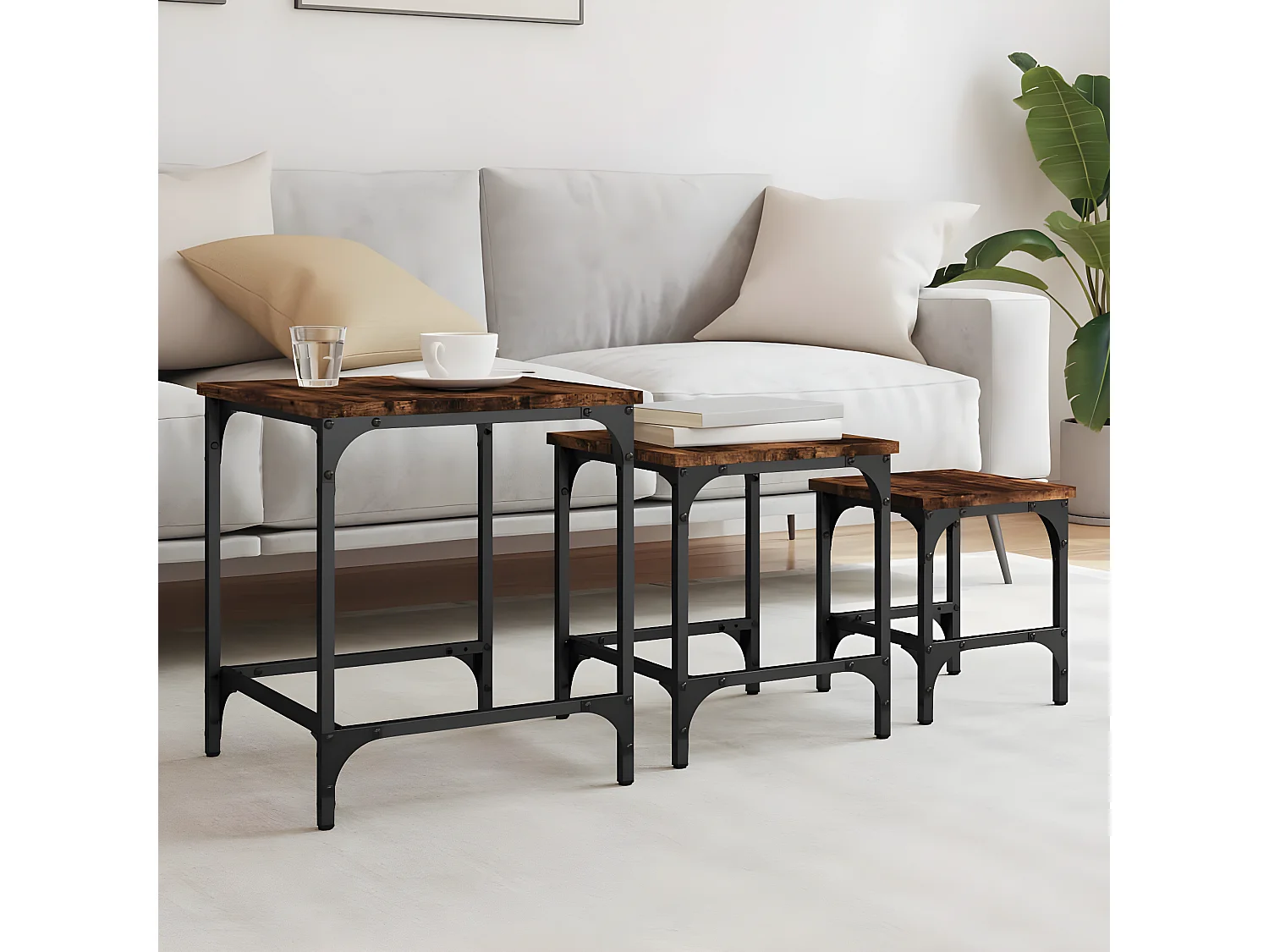 Tables basses gigognes 3 pcs chêne fumé bois d'ingénierie