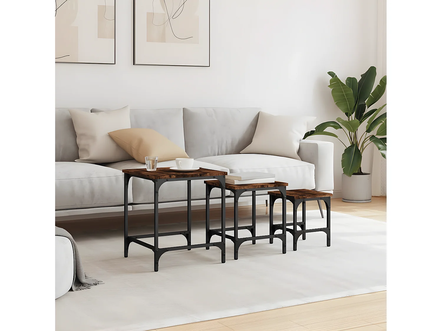 Tables basses gigognes 3 pcs chêne fumé bois d'ingénierie