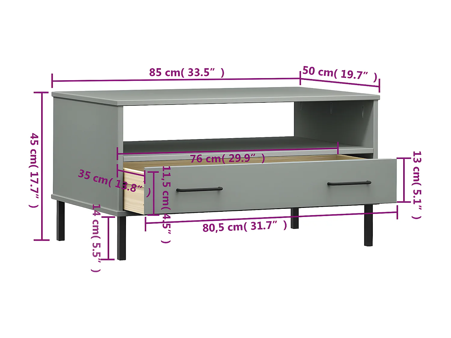 Table basse avec pieds en métal Gris 85x50x45 Bois OSLO