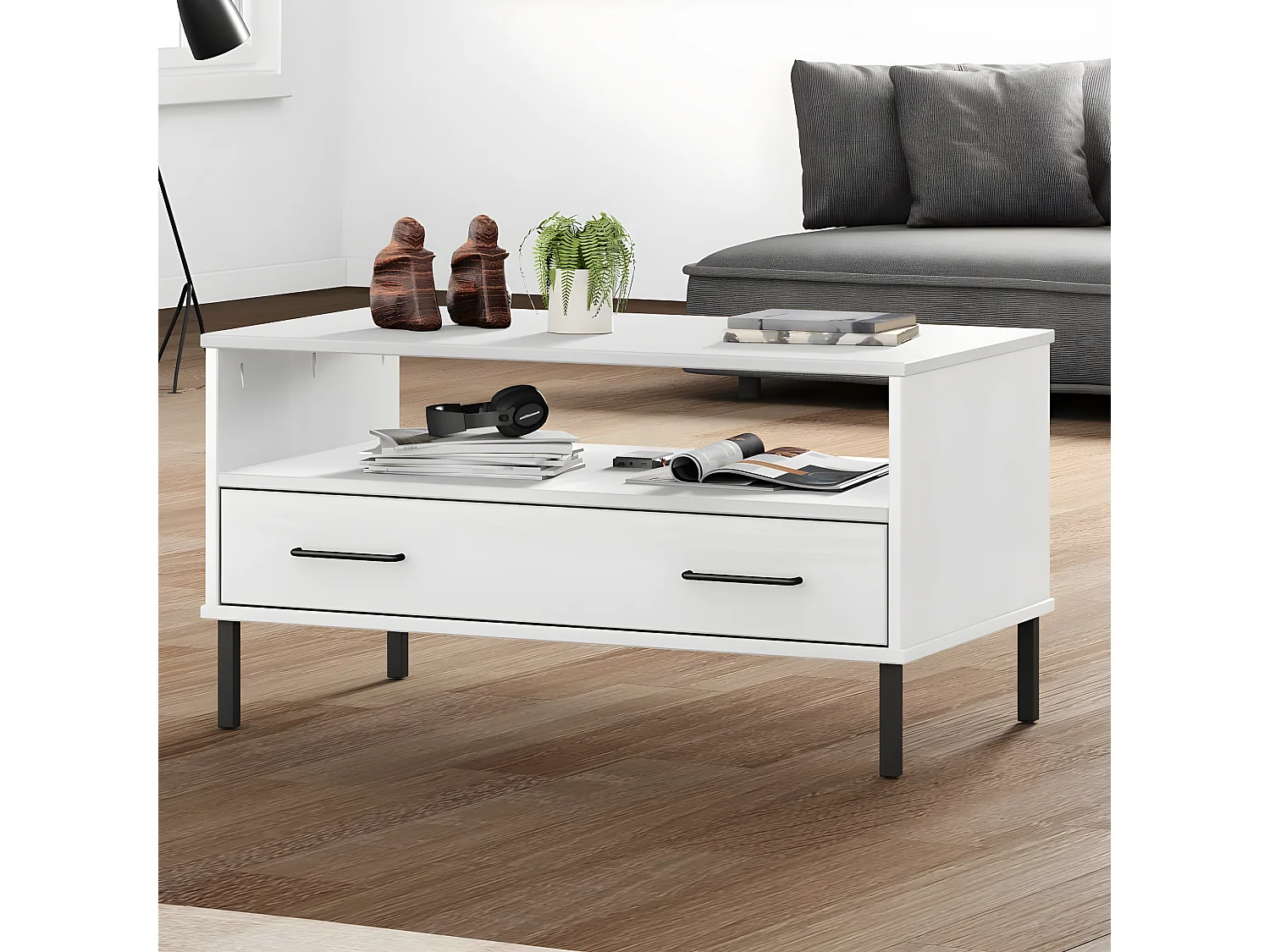 Table basse avec pieds en métal Blanc 85x50x45 Bois OSLO