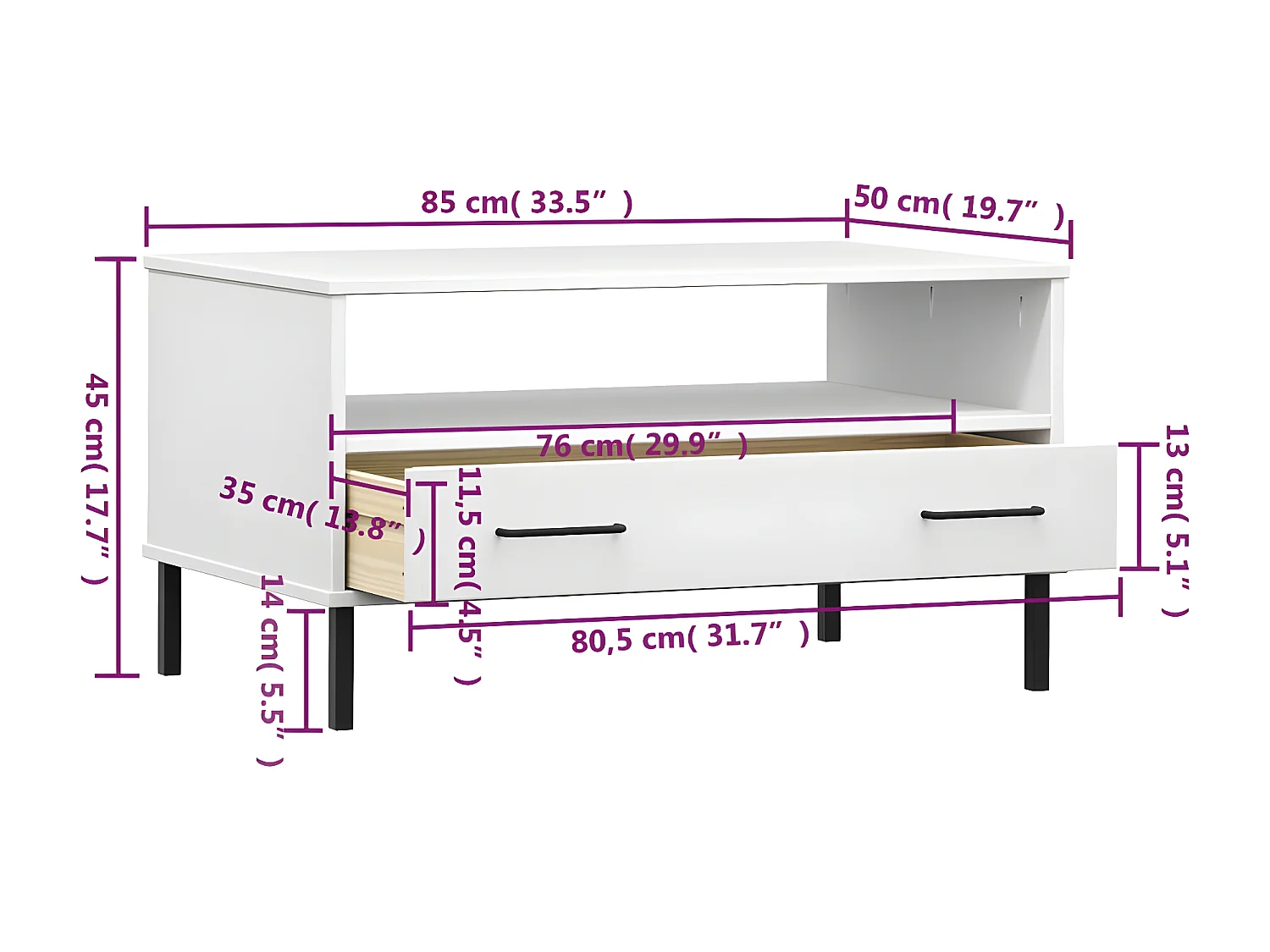 Table basse avec pieds en métal Blanc 85x50x45 Bois OSLO