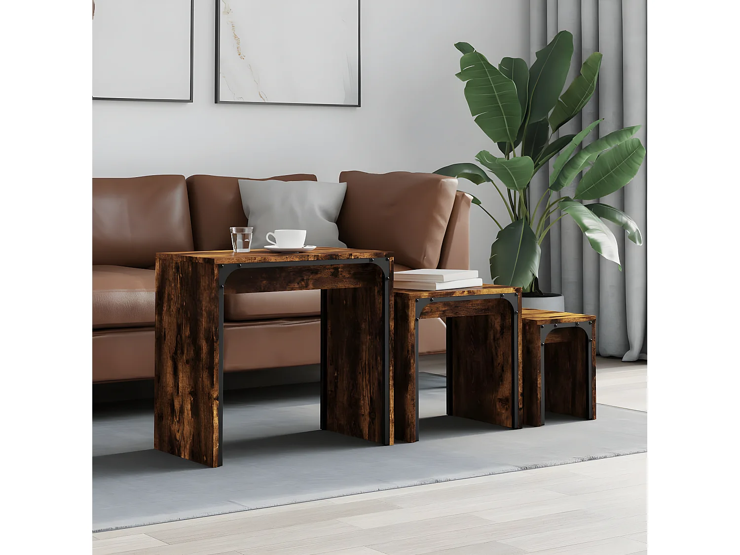 Tables basses gigognes 3 pcs chêne fumé bois d'ingénierie
