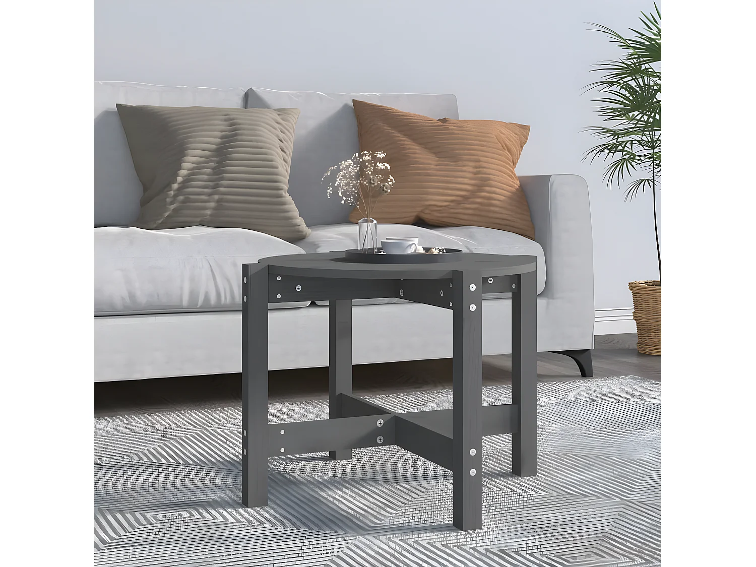 Table basse Gris Ø 62,5x45 Bois massif de pin