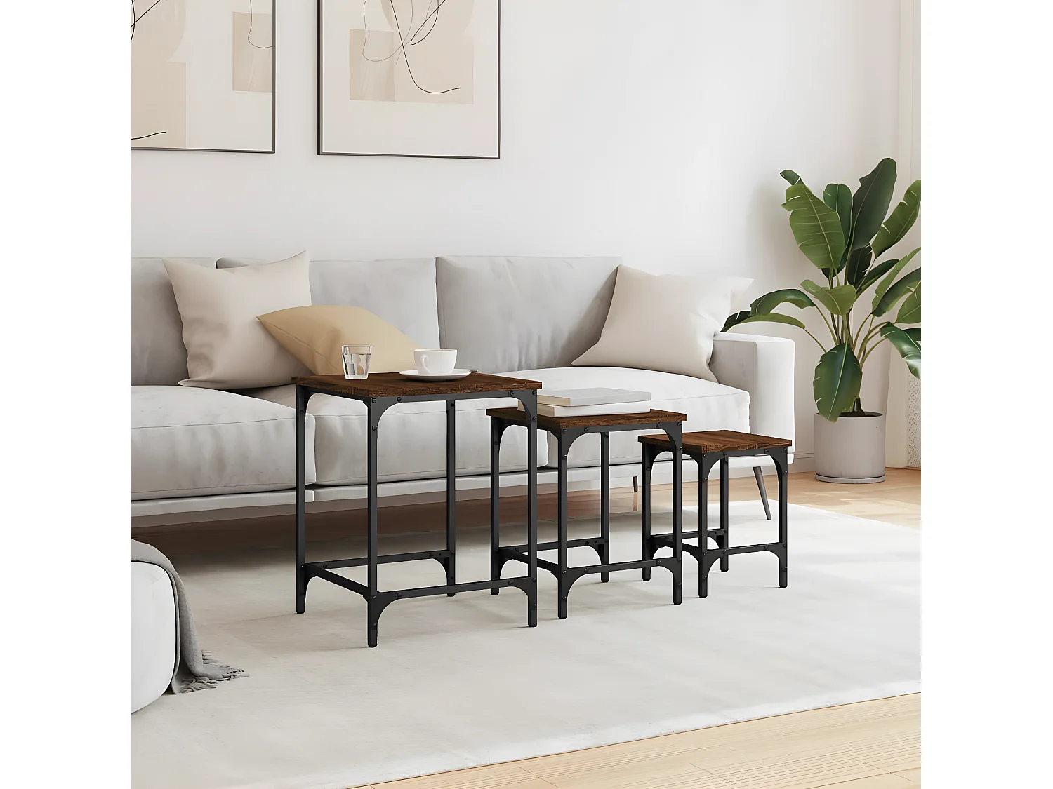 3-delige Tafeltjesset bewerkt hout bruin eikenkleur