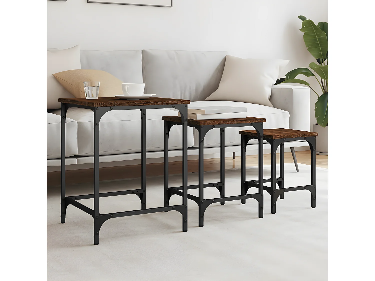 3-delige Tafeltjesset bewerkt hout bruin eikenkleur