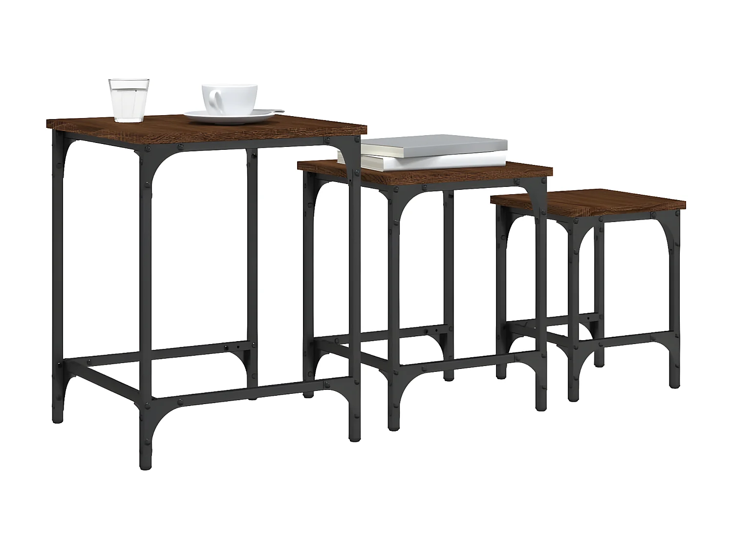 3-delige Tafeltjesset bewerkt hout bruin eikenkleur