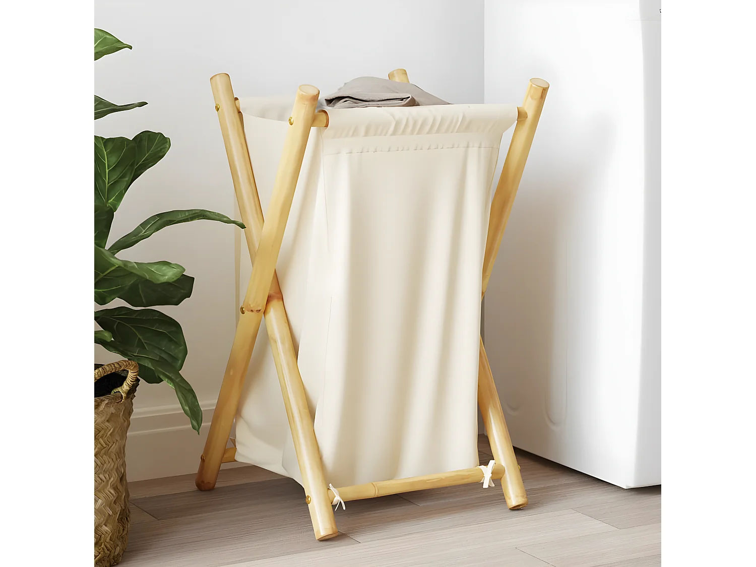 Panier à linge blanc crème 41,5x36x63,5 bambou