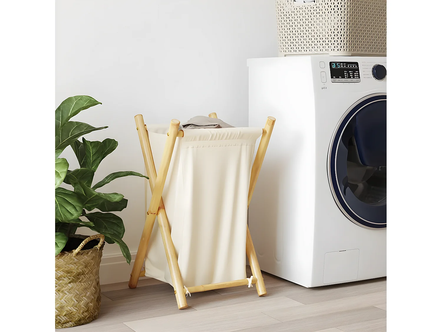 Panier à linge blanc crème 41,5x36x63,5 bambou