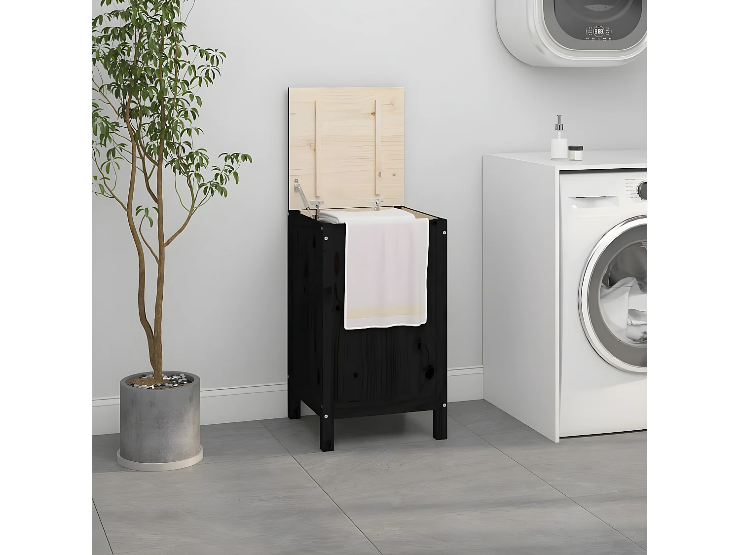 Boîte à linge Noir 44x44x76 Bois massif de pin