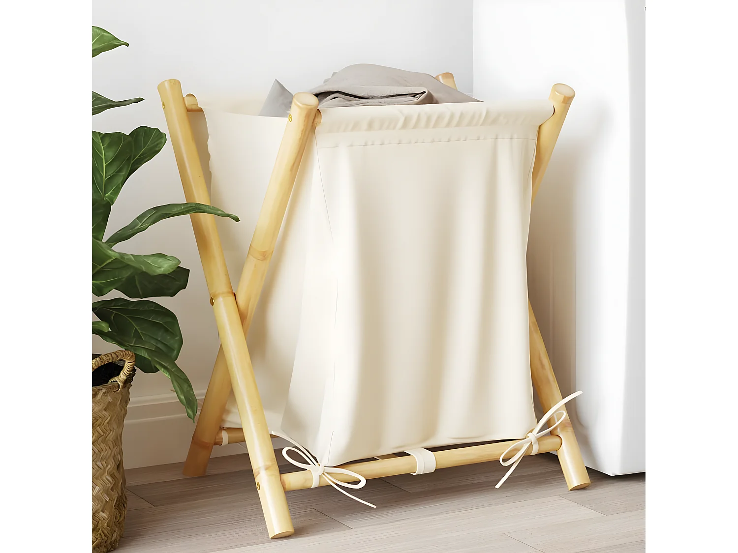 Panier à linge blanc crème 45x55x63,5 bambou