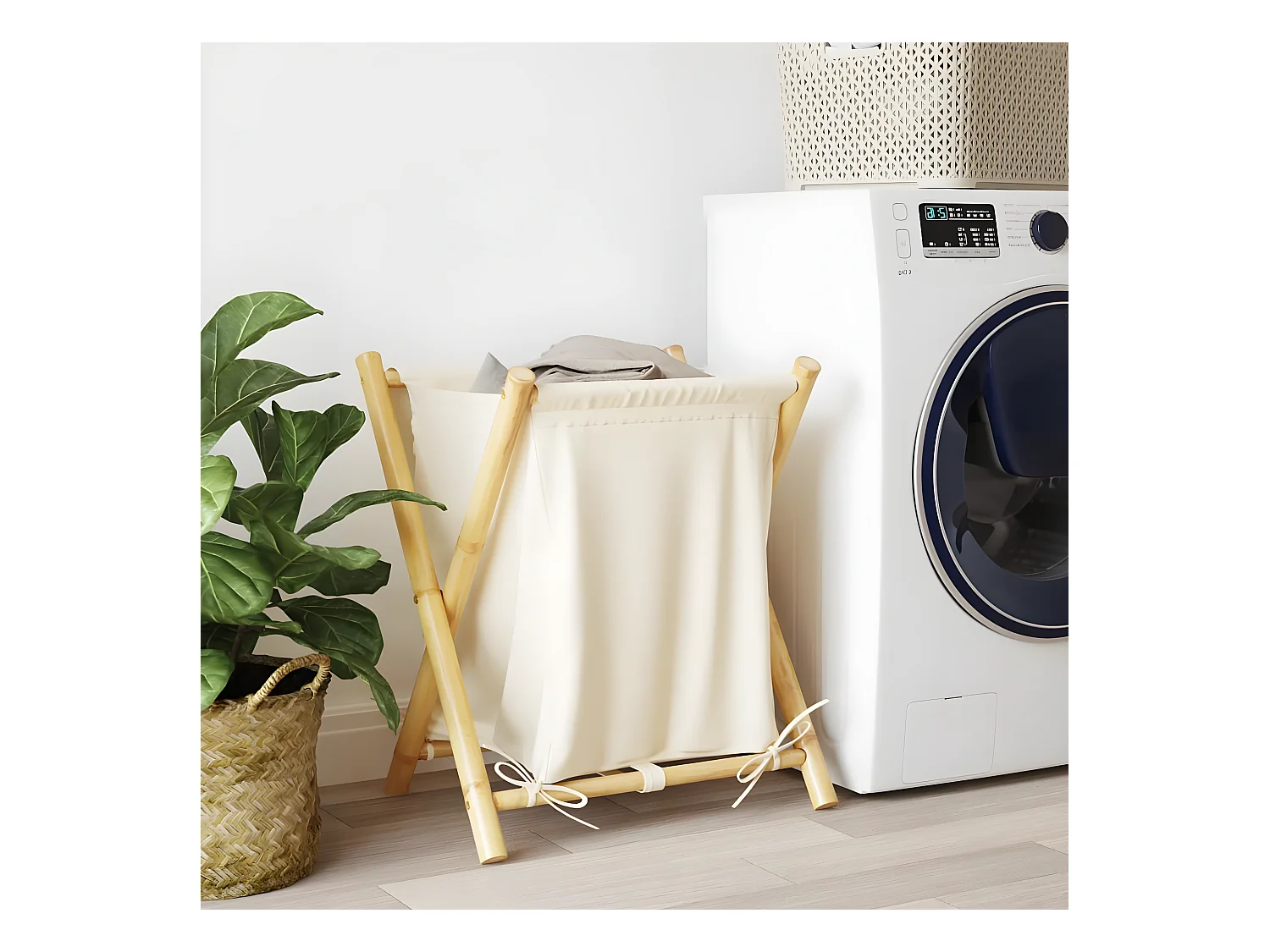 Panier à linge blanc crème 45x55x63,5 bambou