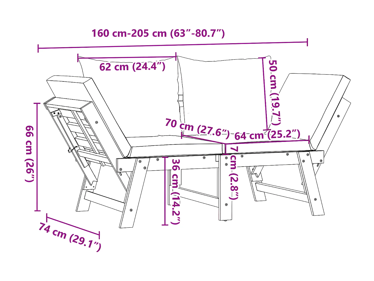 Banc de jardin avec coussins 2 en 1 bois d'acacia massif