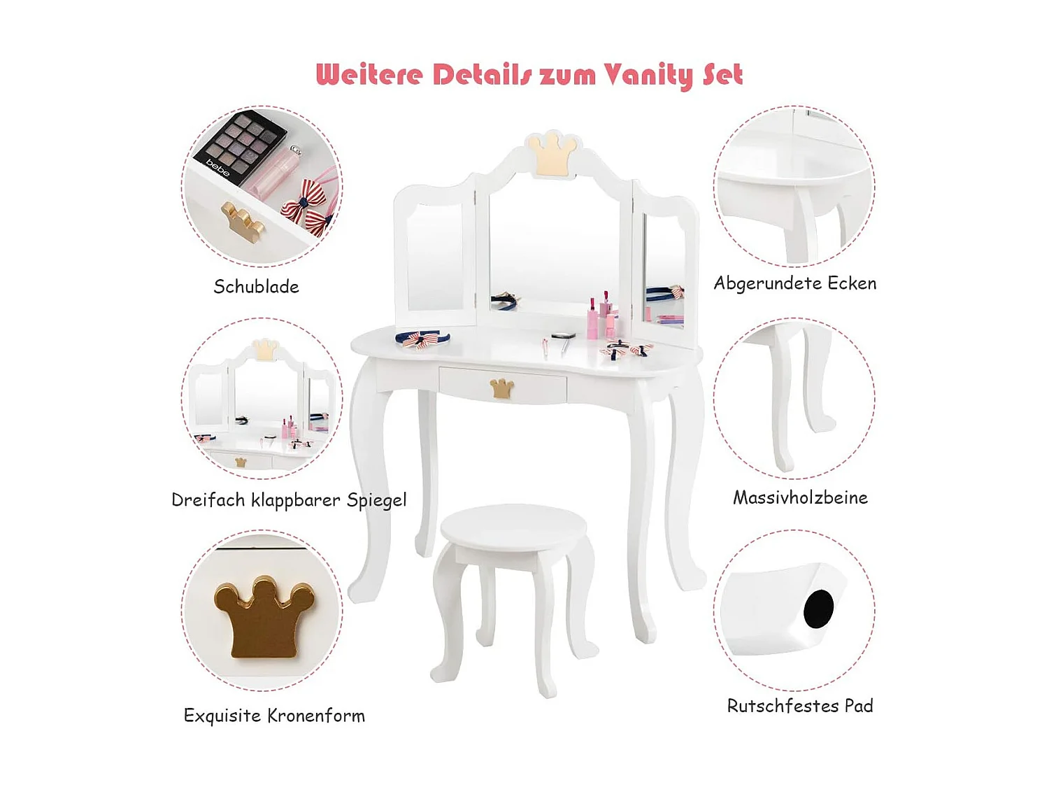 2 in 1 Frisiertisch Set Kinder Schminktisch Mädchen Frisiertisch Holz Spiegeltisch Weiß 80x42x105cm