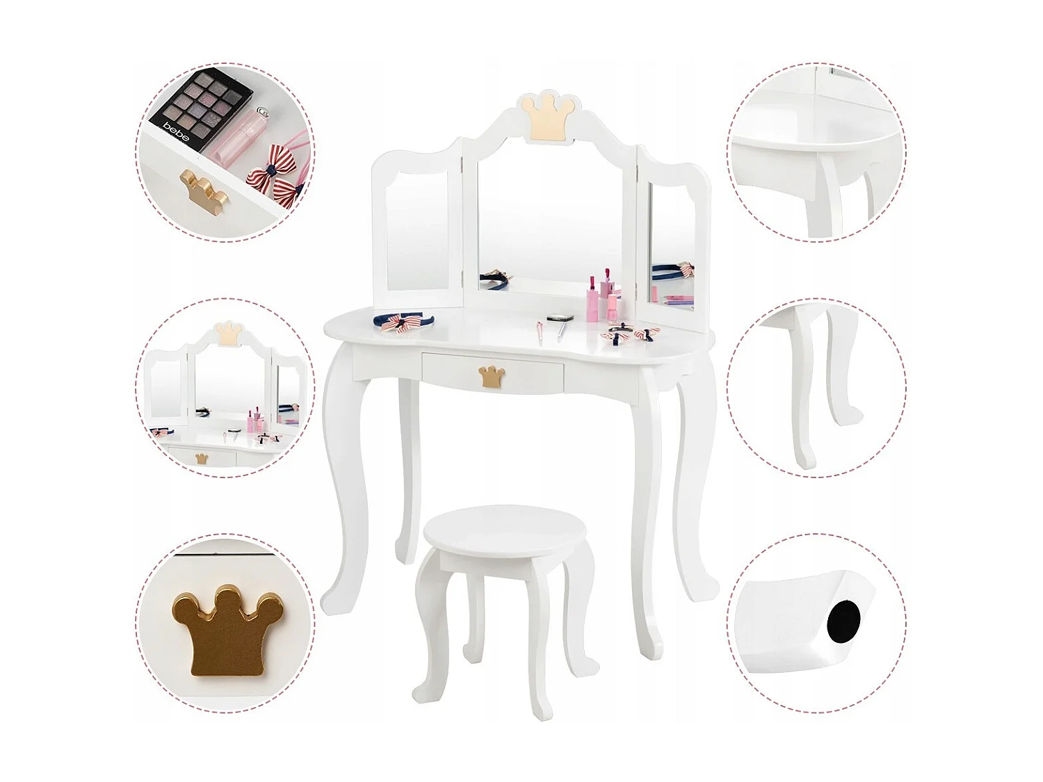 2 in 1 Frisiertisch Set Kinder Schminktisch Mädchen Frisiertisch Holz Spiegeltisch Weiß 80x42x105cm