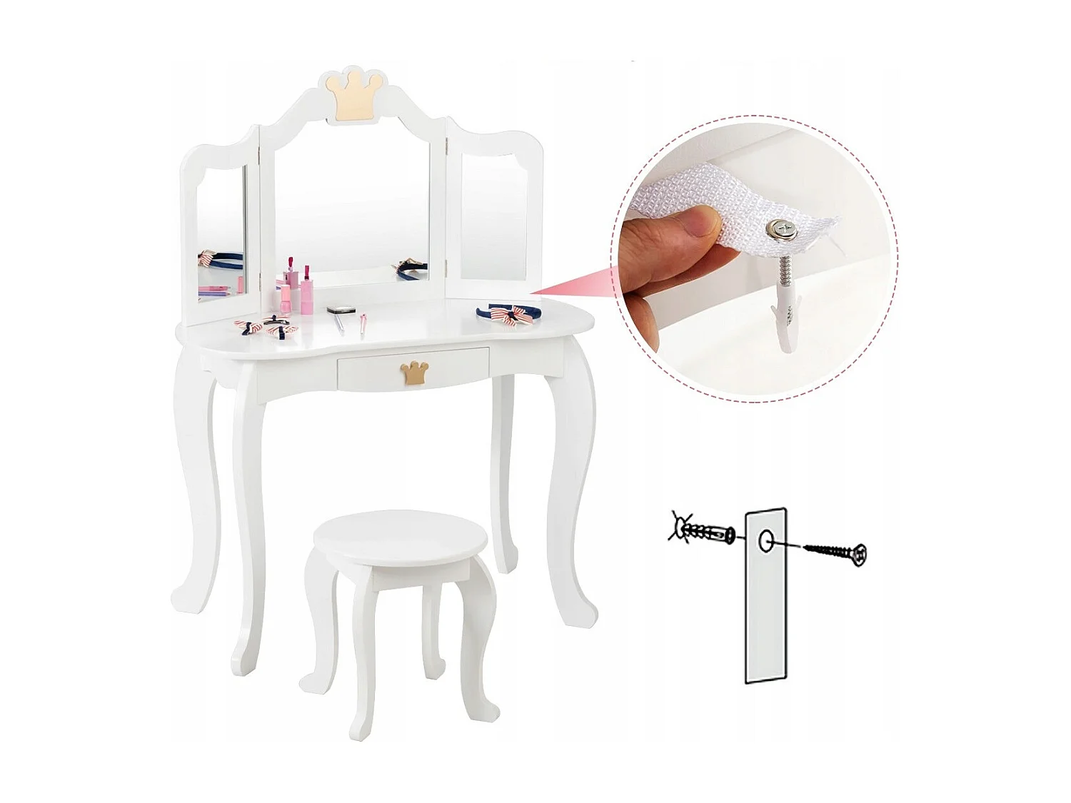 2 in 1 Frisiertisch Set Kinder Schminktisch Mädchen Frisiertisch Holz Spiegeltisch Weiß 80x42x105cm