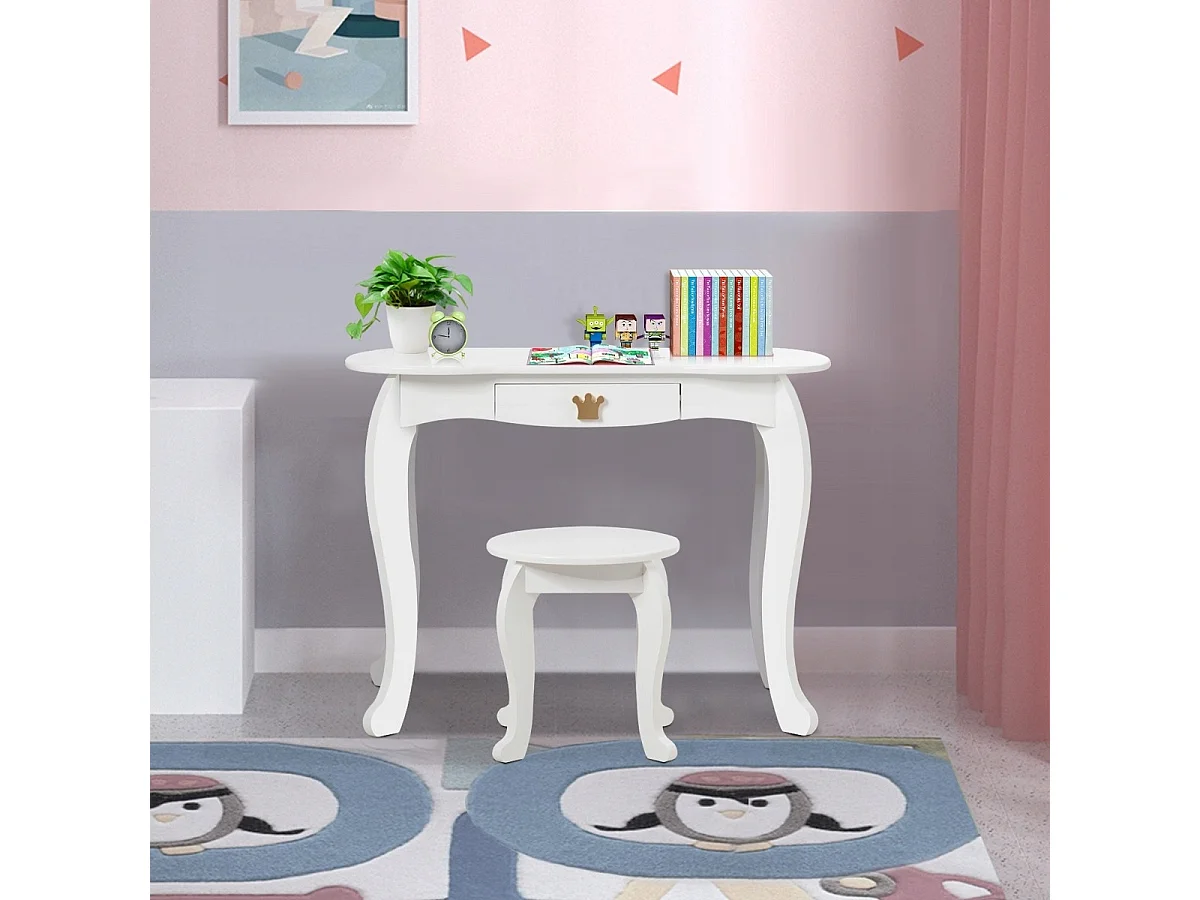 2 in 1 Frisiertisch Set Kinder Schminktisch Mädchen Frisiertisch Holz Spiegeltisch Weiß 80x42x105cm
