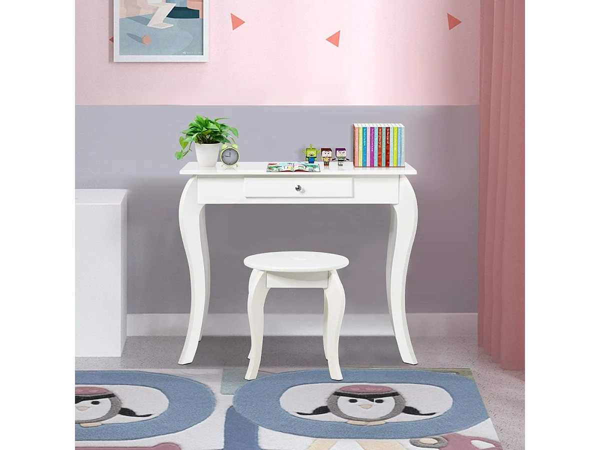 Kinder Schminktisch Frisiertisch Make-up Tisch mit Hocker und Spiegel Weiß