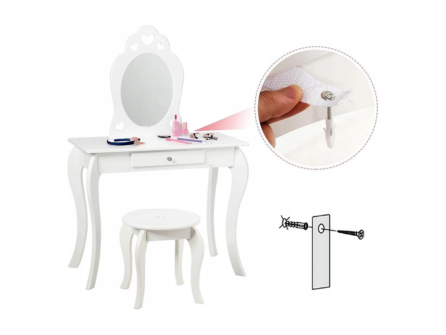 Kinder Schminktisch Frisiertisch Make-up Tisch mit Hocker und Spiegel Weiß