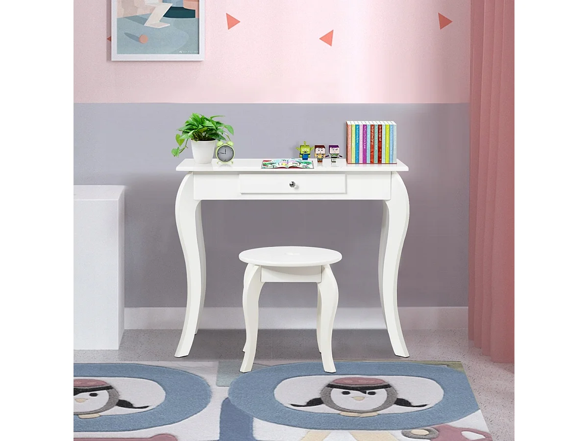 Kinder Schminktisch Frisiertisch Make-up Tisch mit Hocker und Spiegel Weiß