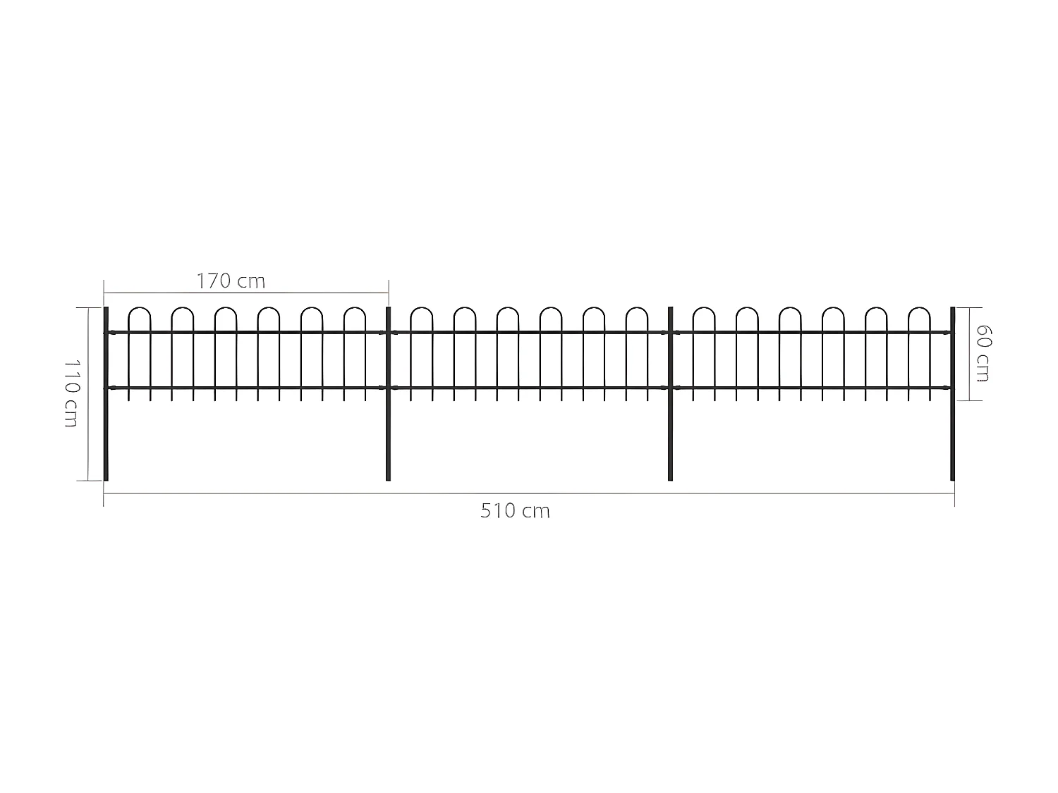 Clôture de jardin avec dessus en cerceau Acier 5,1 x 0,6 m Noir