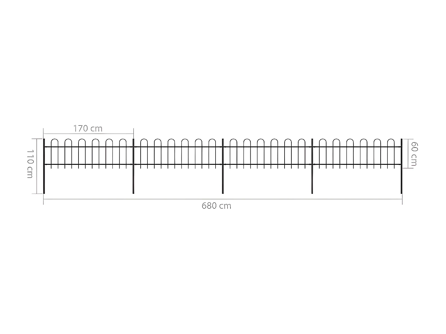 Clôture de jardin avec dessus en cerceau Acier 6,8 x 0,6 m Noir