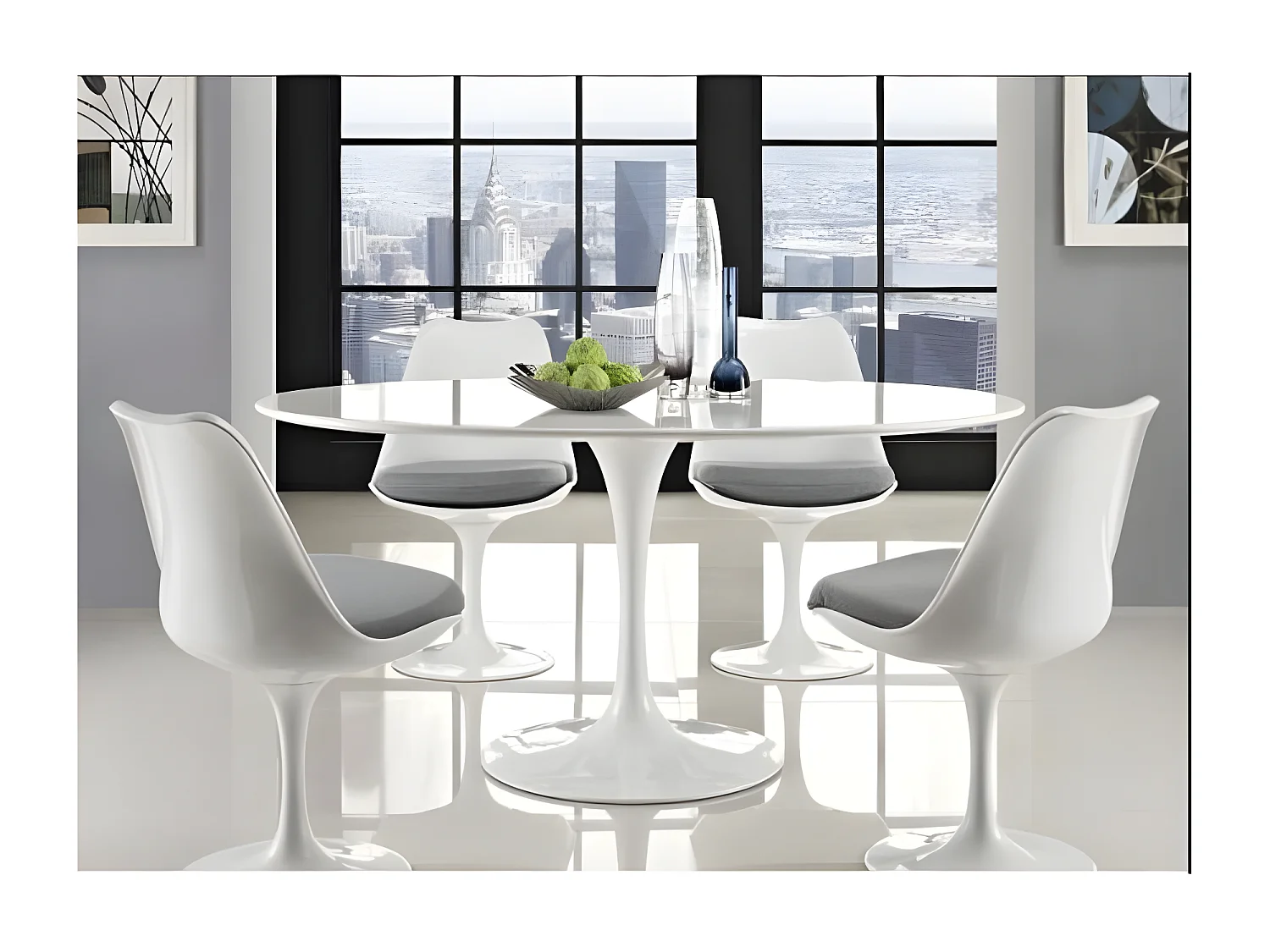 Table tulipe ronde-Plateau Blanc mat-Diamètre 130 cm-Piètement Blanc mat