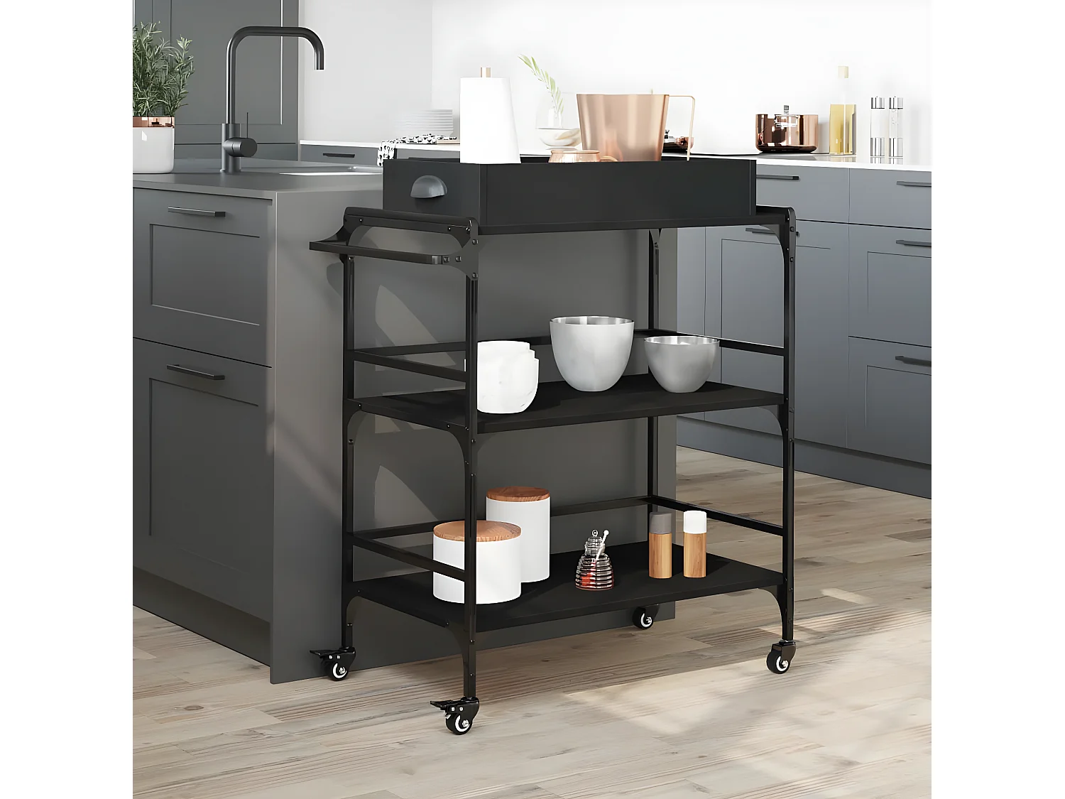 Chariot de cuisine noir 81,5x41x92,5 bois d'ingénierie