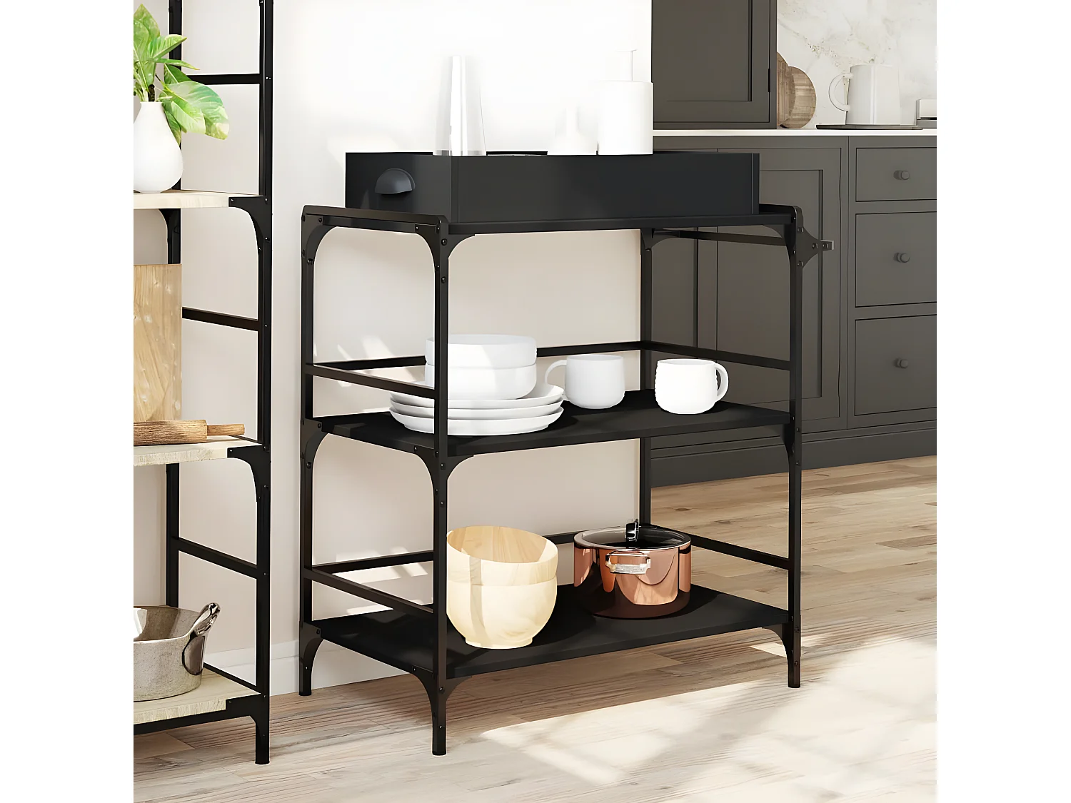 Chariot de cuisine noir 81,5x41x92,5 bois d'ingénierie