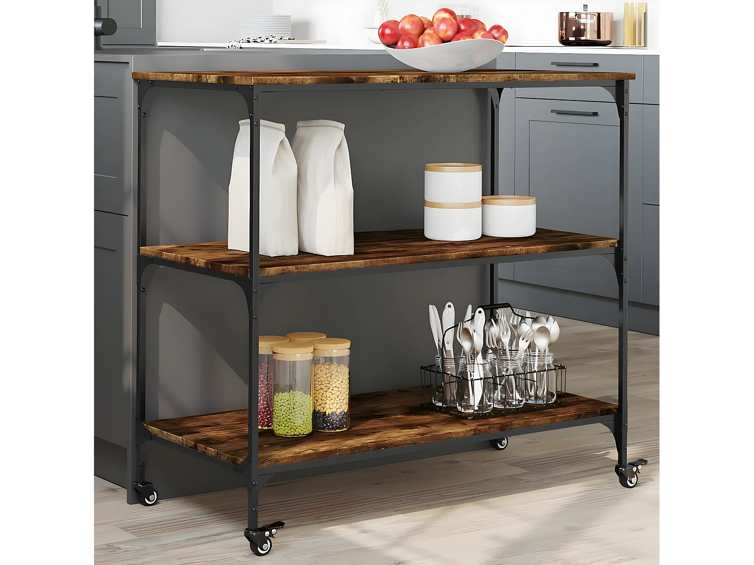 Chariot de cuisine chêne fumé 102x50x95 bois d'ingénierie