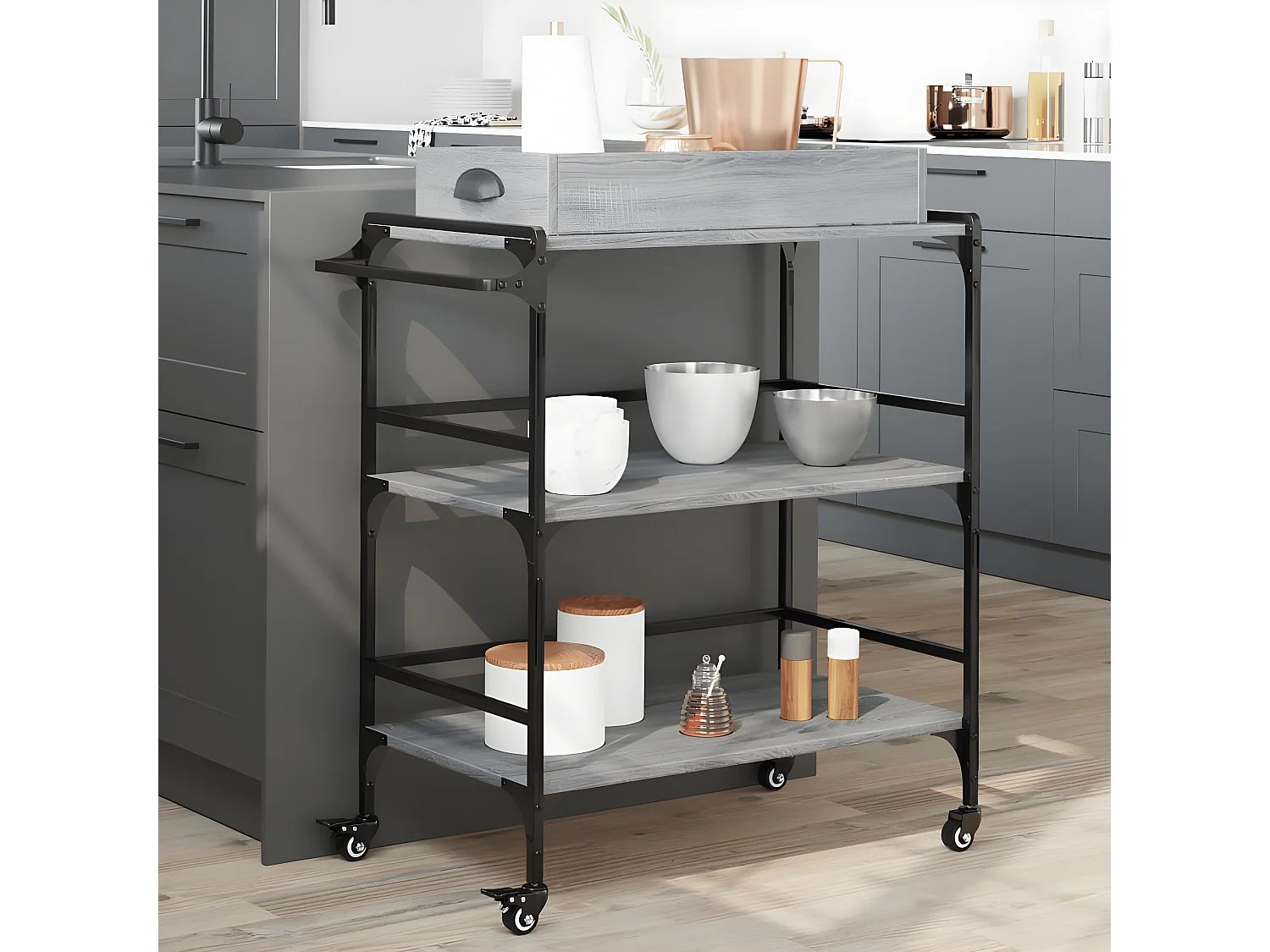 Chariot de cuisine sonoma gris 81,5x41x92,5 bois d'ingénierie