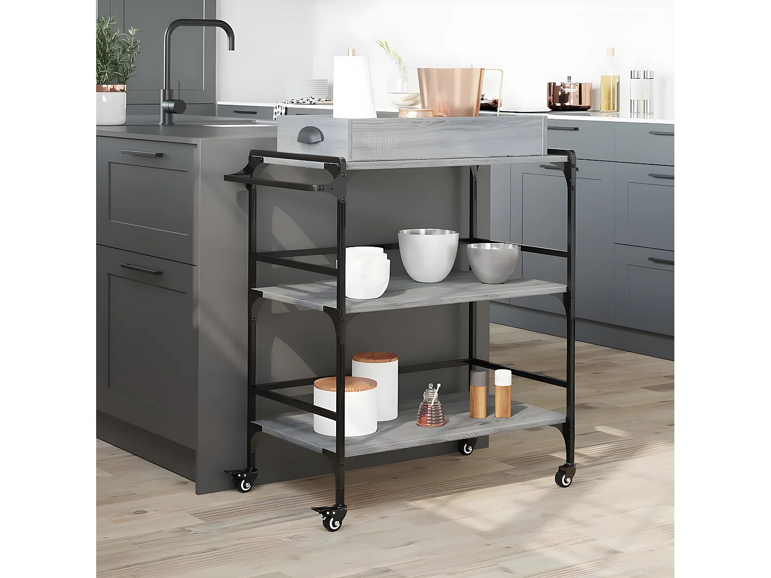 Chariot de cuisine sonoma gris 81,5x41x92,5 bois d'ingénierie