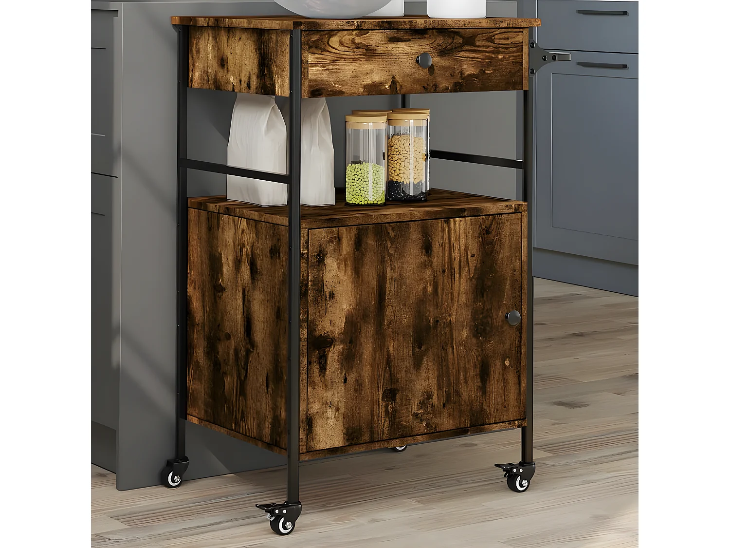 Chariot de cuisine chêne fumé 56x43x89,5 bois d'ingénierie