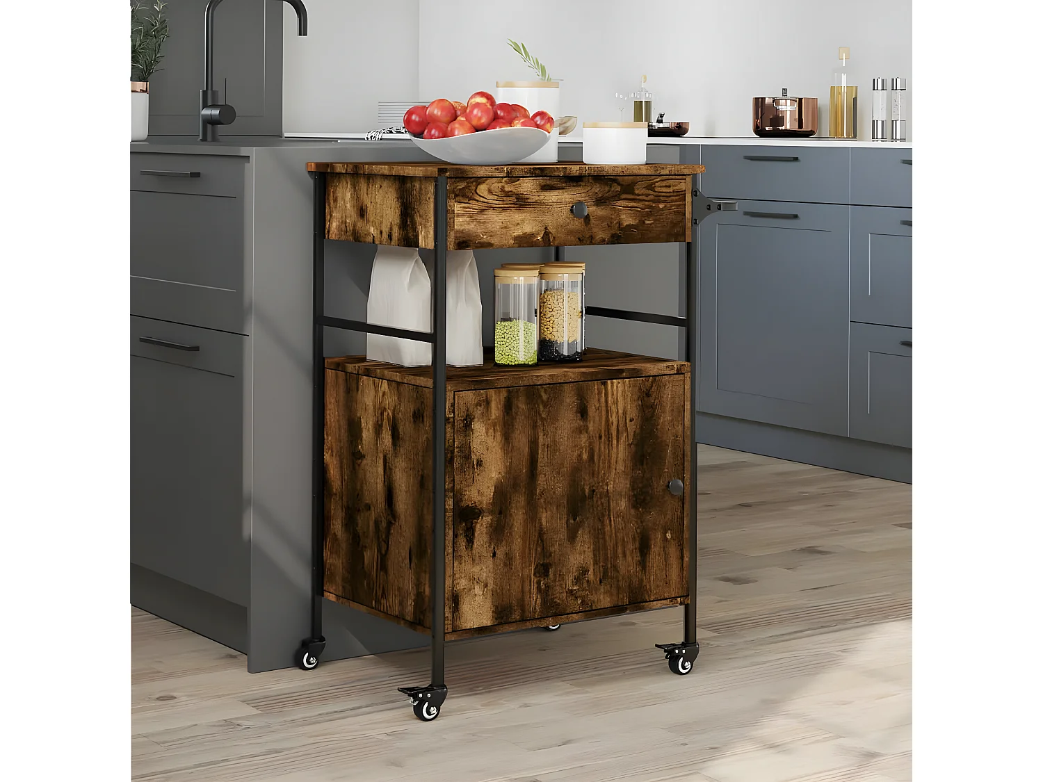 Chariot de cuisine chêne fumé 56x43x89,5 bois d'ingénierie