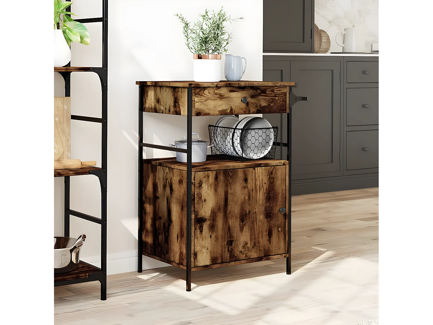 Chariot de cuisine chêne fumé 56x43x89,5 bois d'ingénierie