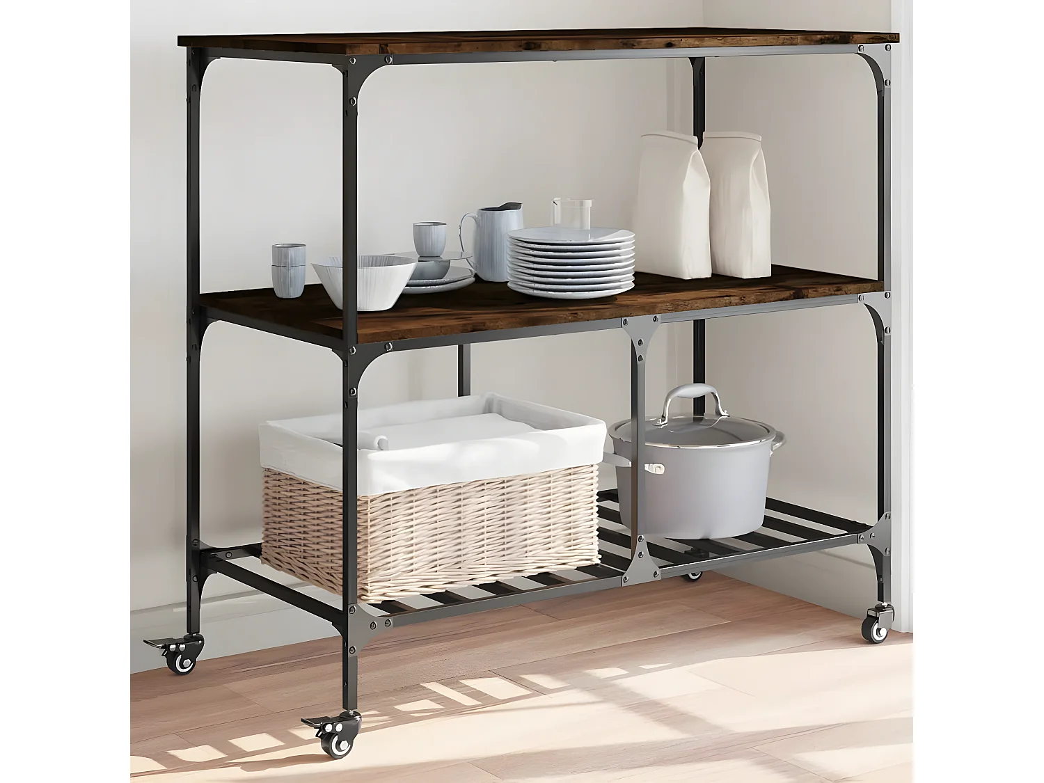 Chariot de cuisine chêne fumé 100x50x95 bois d'ingénierie