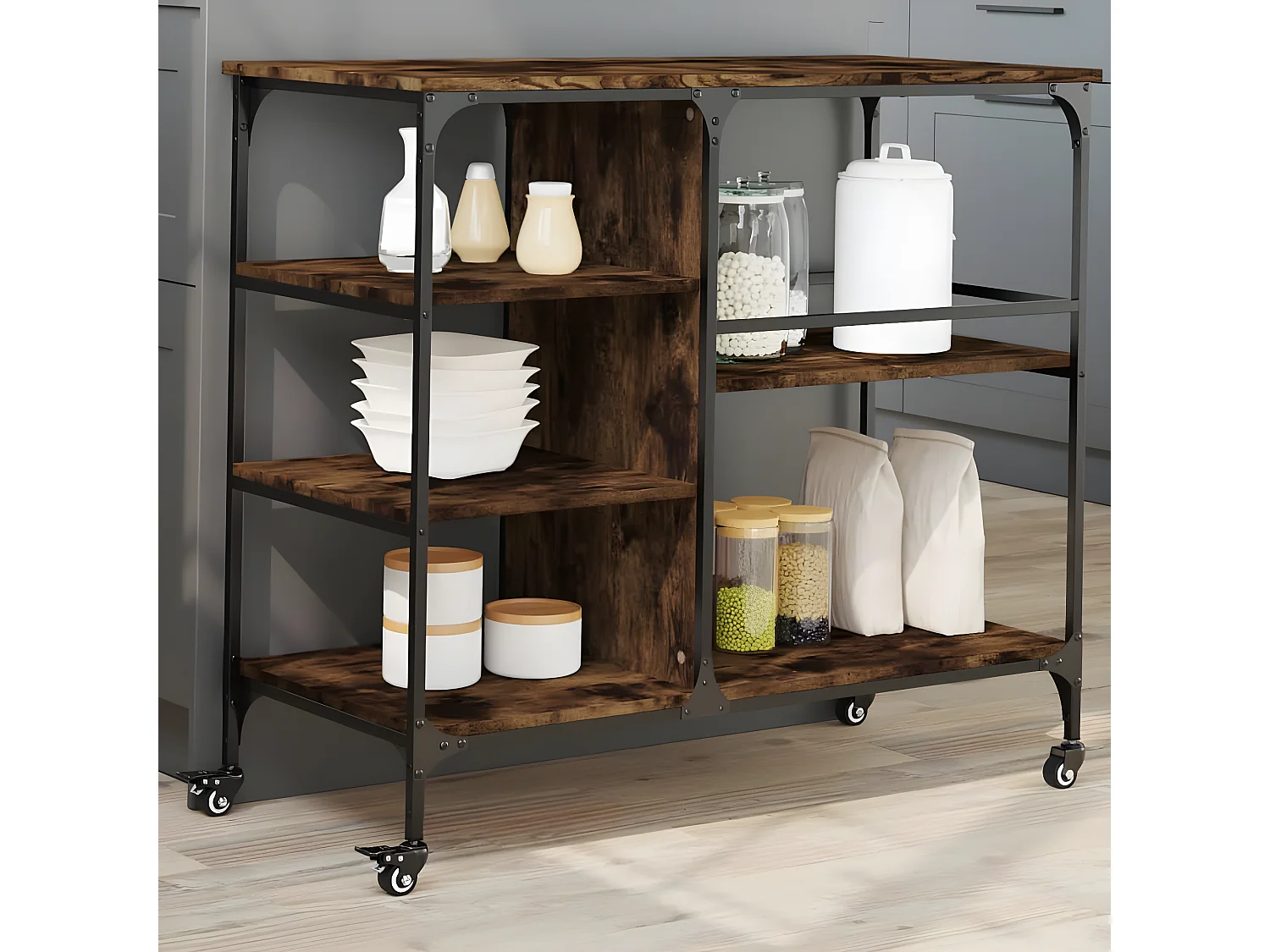 Chariot de cuisine chêne fumé 100x45x89,5 bois d'ingénierie