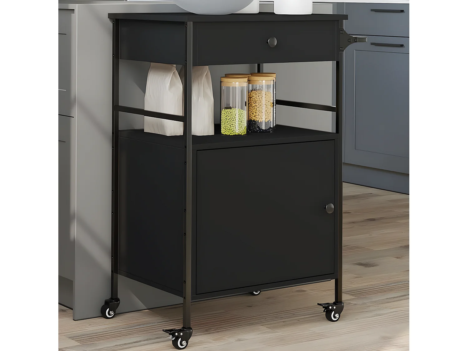 Chariot de cuisine noir 56x43x89,5 bois d'ingénierie